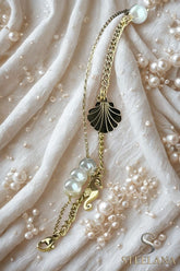 Gold Çift Zincir İnci Sıralı Deniz Atı Ve Deniz Kabuğu Sallantılı Çelik Bileklik