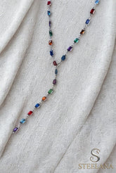 Silver Zümrüt Kesim Renkli Taşlar Sıralı Y Tasarım Luxury Kolye