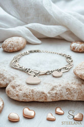 Silver Çift Zincir Pul Ve Love Kalp Sallantılı Çelik Bileklik