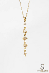 Gold Minimal Zincir Zirkon Detaylı Ay Kuzey Yıldızı Ve Gezegen Sallantılı 45cm Çelik Kolye