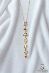 Gold Minimal Zincir Renkli Kristal Karma Şekilli Taş Sallantılı Çelik Kolye 60 cm