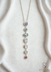 Silver Minimal Zincir Renkli Kristal Karma Şekilli Taş Sallantılı Çelik Kolye 60 cm