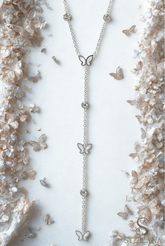 Silver Minimal Zincir Y Tasarım Tektaş Ve Sedef Detay Kelebek Sıralı 45cm Çelik Kolye