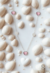 Silver Minimal Zincir Kalp Sıralı Ve Pembe Taş Kalp Sallantılı 45cm Çelik Kolye