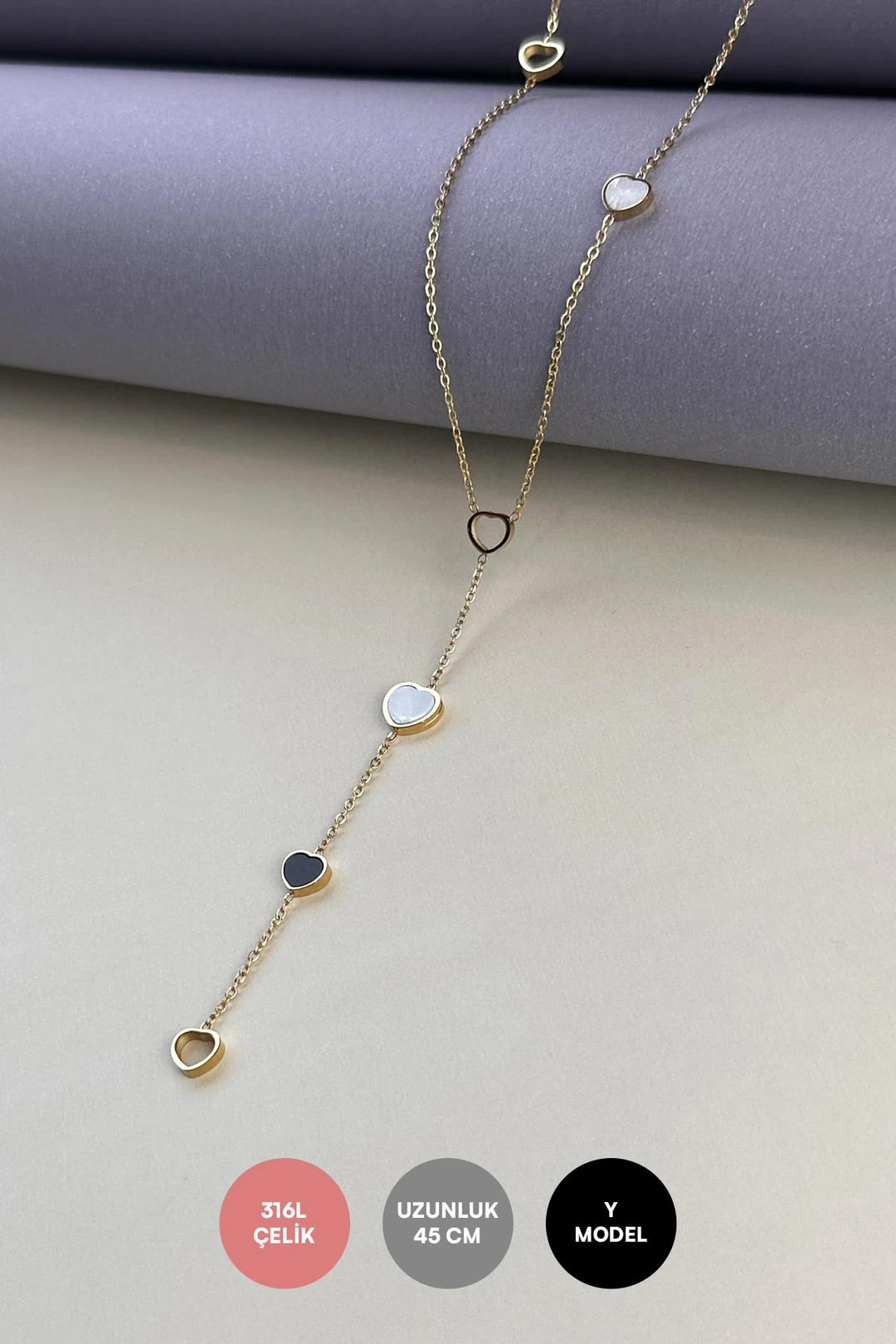 Gold Y Tasarım İçi Boş Ve Sedefli Kalpler Çelik Kolye 45 cm
