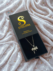 Silver Kalp Fiyonk Beyaz Taşlı Zincir Çelik Kolye