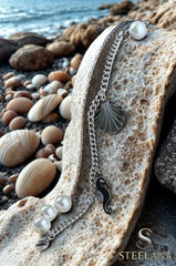 Silver Çift Zincir İnci Sıralı Deniz Atı Ve Deniz Kabuğu Sallantılı Çelik Bileklik