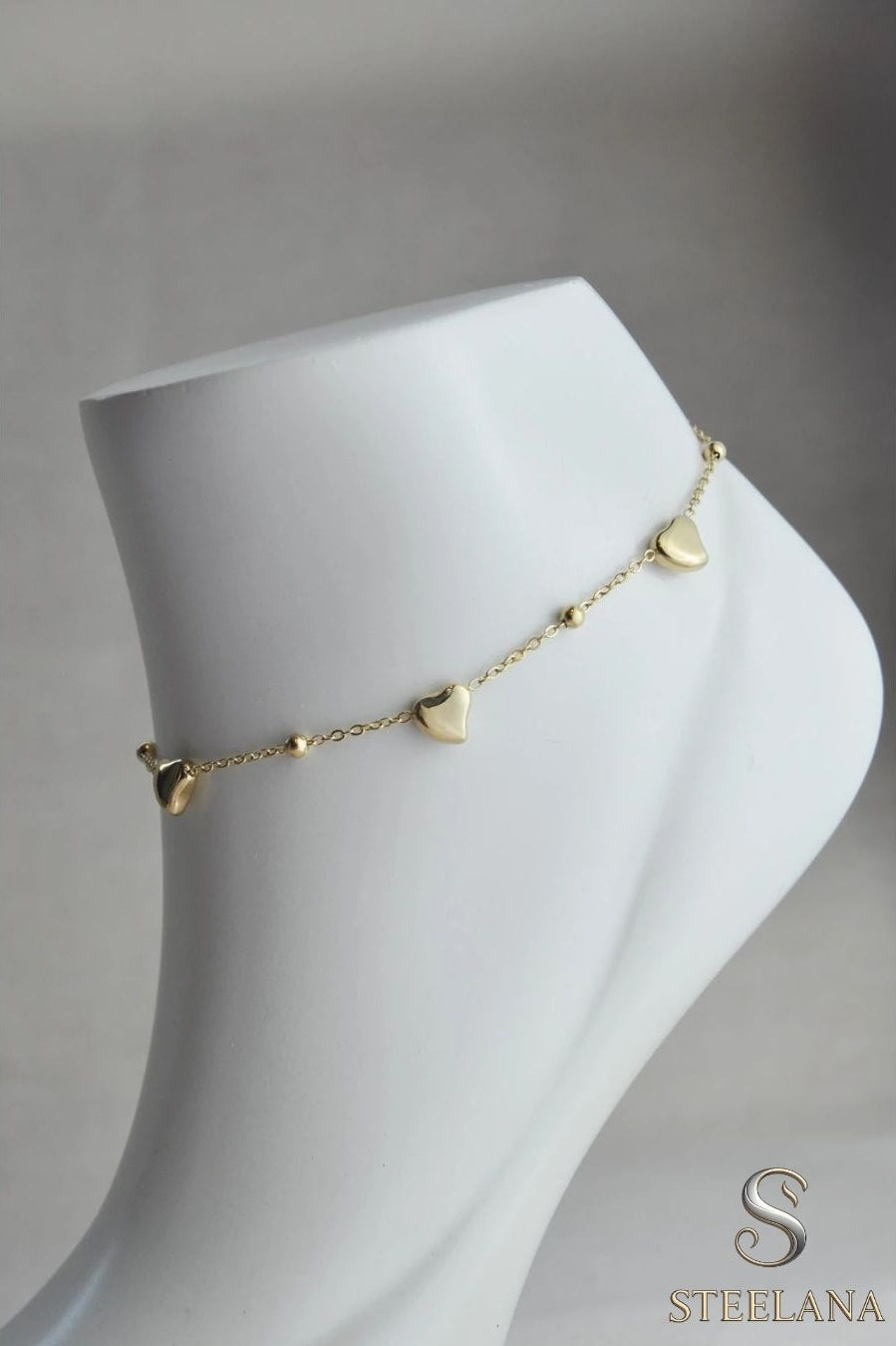 Gold Minimal Topçuk Detay Dolgulu Kalpler Tasarım Çelik Halhal