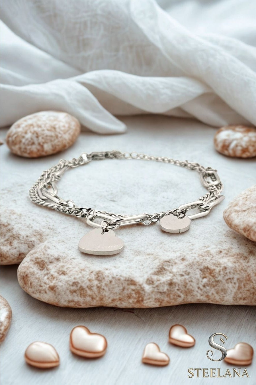 Silver Çift Zincir Pul Ve Love Kalp Sallantılı Çelik Bileklik