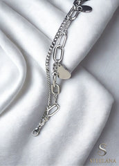 Silver Çift Zincir Pul Ve Love Kalp Sallantılı Çelik Bileklik