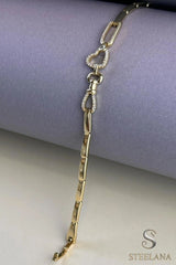 Tektaş Detay Gold Zirkon Kalp Luxury Bileklik