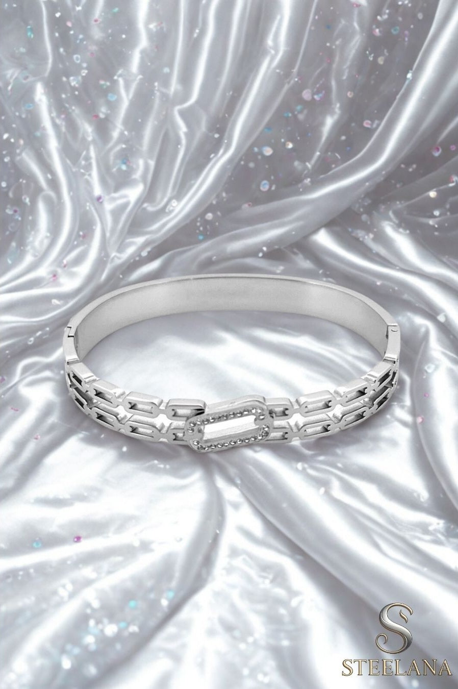 Silver Zirkon Taşlı İkili Zincir Görünüm Çelik Kelpçe Bileklik