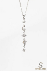 Silver Minimal Zincir Zirkon Detaylı Ay Kuzey Yıldızı Ve Gezegen Sallantılı 45cm Çelik Kolye