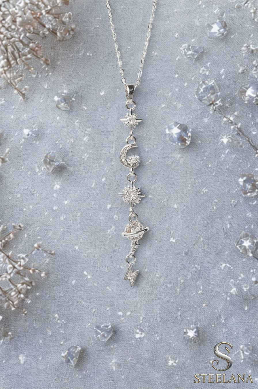 Silver Minimal Zincir Zirkon Detaylı Ay Kuzey Yıldızı Ve Gezegen Sallantılı 45cm Çelik Kolye