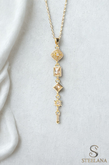 Gold Minimal Zincir Zirkon Detay Karo Ve Kristal Taşlı Kareler Sallantılı 45cm Çelik Kolye