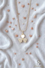 Gold Minimal Ezme Zincir Tasarım Zirkon Ve Sedef Tasarım Kalp Yonca Sallantılı 45cm Çelik Kolye