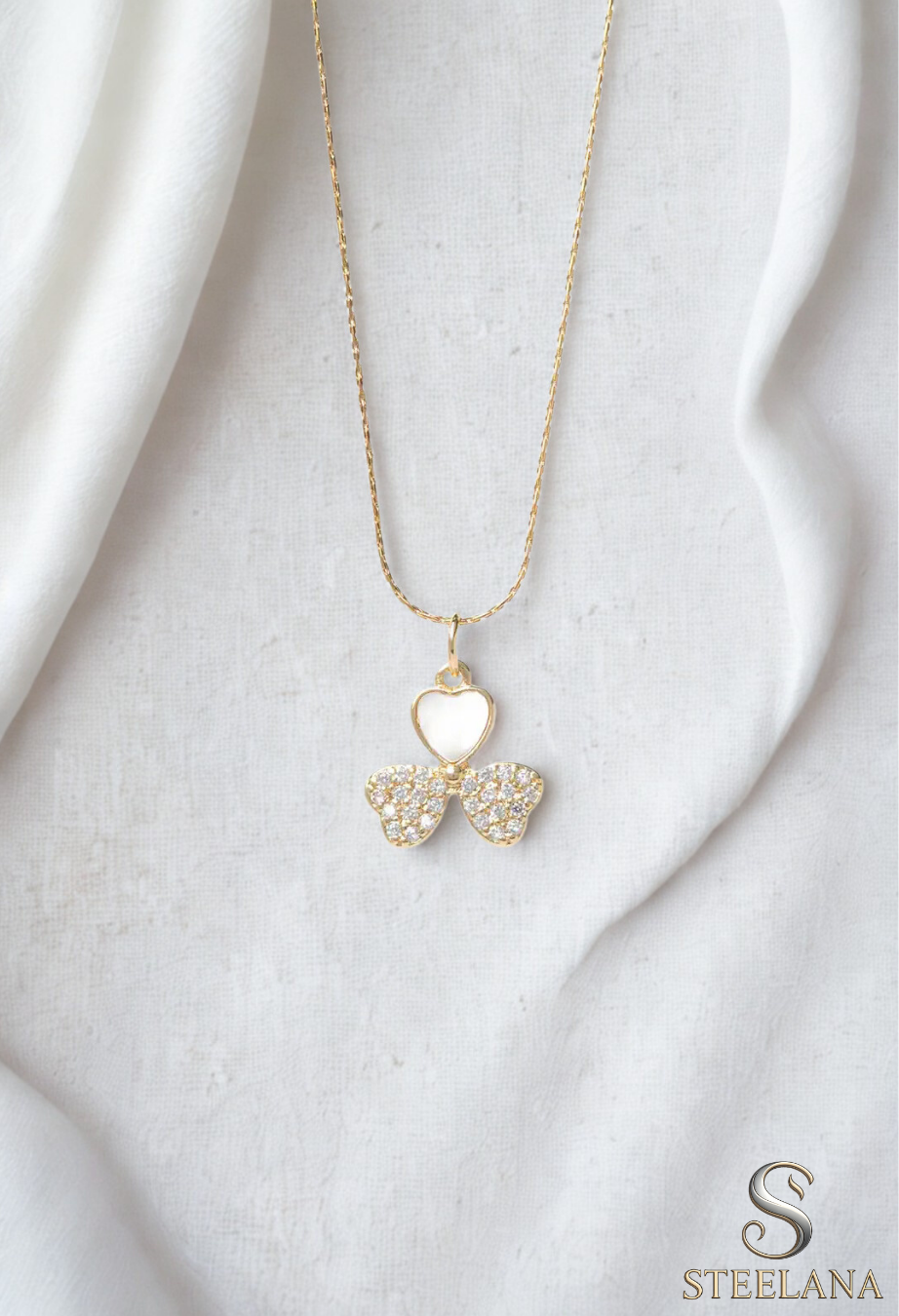 Gold Minimal Ezme Zincir Tasarım Zirkon Ve Sedef Tasarım Kalp Yonca Sallantılı 45cm Çelik Kolye