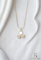 Gold Minimal Ezme Zincir Tasarım Zirkon Ve Sedef Tasarım Kalp Yonca Sallantılı 45cm Çelik Kolye